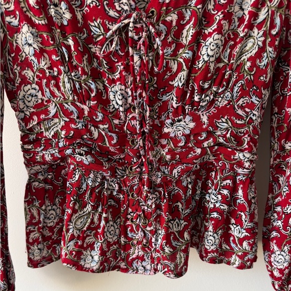 Anthropologie EUC Feather Bone Floral Lace-Up Peplum Blouse Red Size 4 - Picture 5 of 16